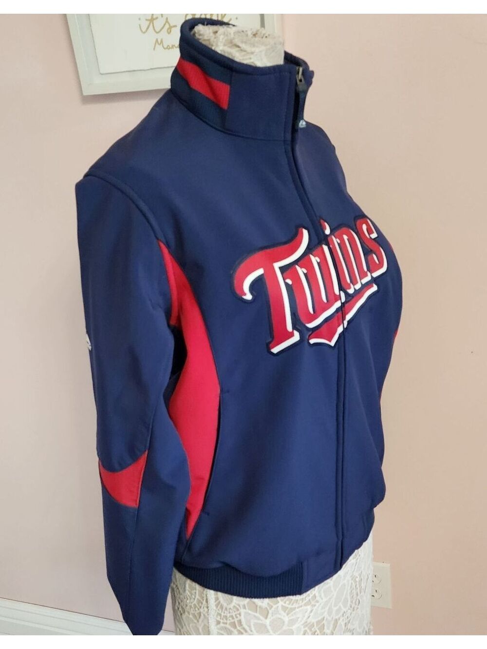 Majestic Authentic MLB Twins Navy Blue and Red Jacket Medium